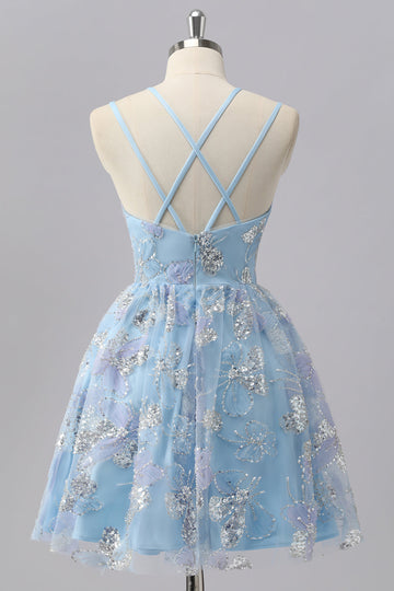 Blue Floral A Line Sequin Mini Cocktail Dress